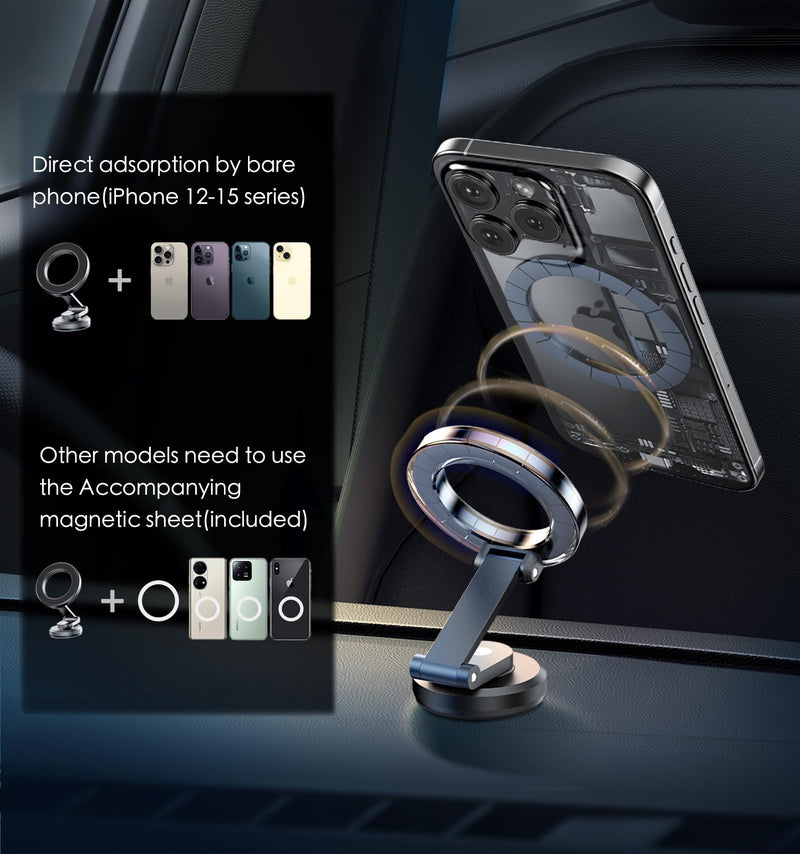 JUHOO Phone Holder for Car Magnetic Rotatable and Retractable, Fits iPhone 15, 14, 13, 12, Pro, Mini, MagSafe Case Dark