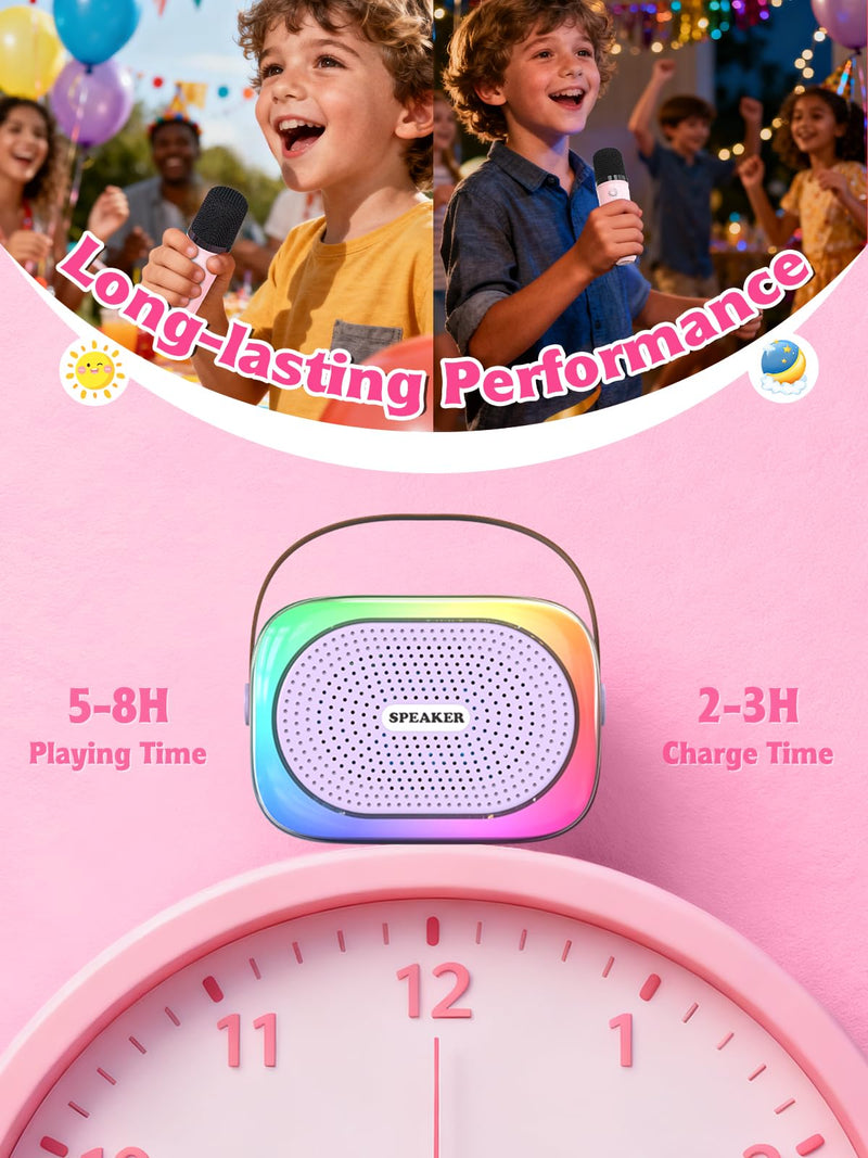Mini Karaoke Machine for Kids Girls Boys Ages 3-12, Portable Bluetooth Speaker with 2 Wireless Microphones with Voice Changing & LED Party Lights, Birthday Gifts for Family Home Party purple