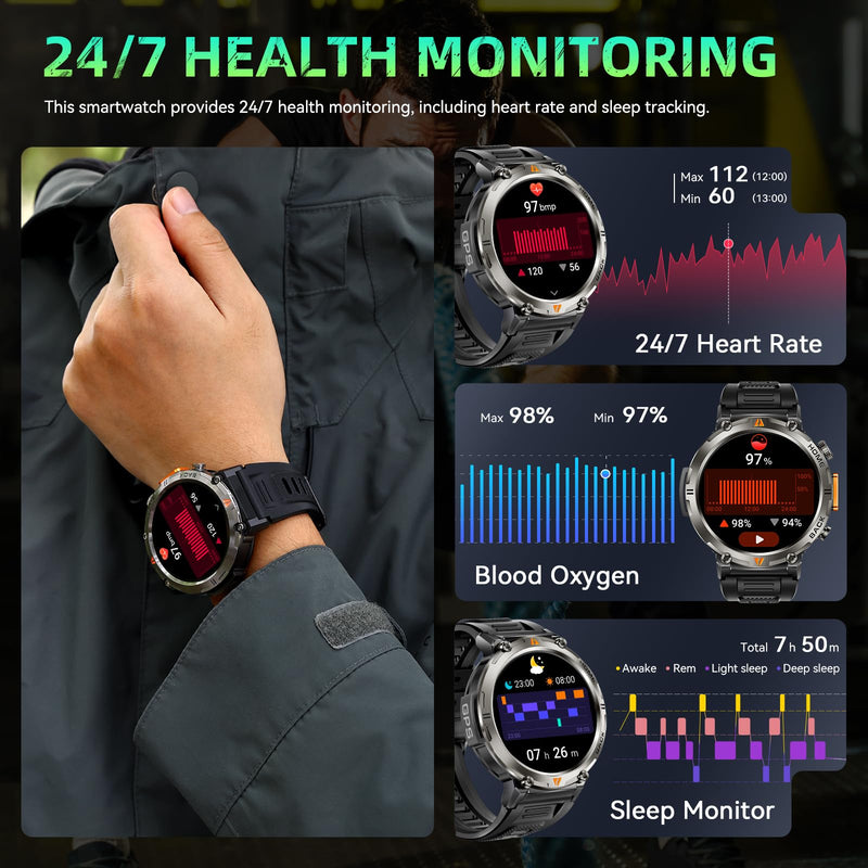 Military Smart Watches for Men Built-in GPS 3ATM Waterproof LED Flashlight | 1.45" Rugged Tactical Smartwatch with Compass/110+ Sports Modes Fitness Tracker with HR/SPO2/Sleep Monitor for iPhone Android Black orange