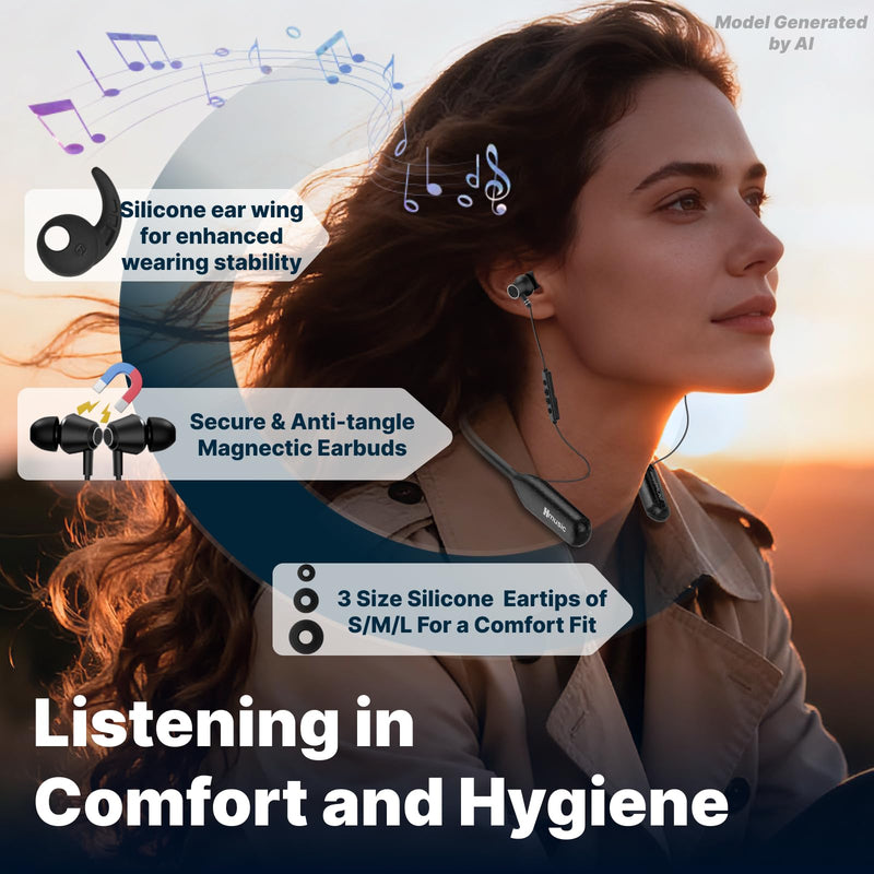 Hmusic H25 Neckband Bluetooth Headphones with 200hrs Long Battery Playtime | IPX5 Waterproof Wireless Earbuds Bluetooth 5.4, Around the Neck Headphones w/ENC Mic, for Work/Cycling/Game/Gym/Long Trips