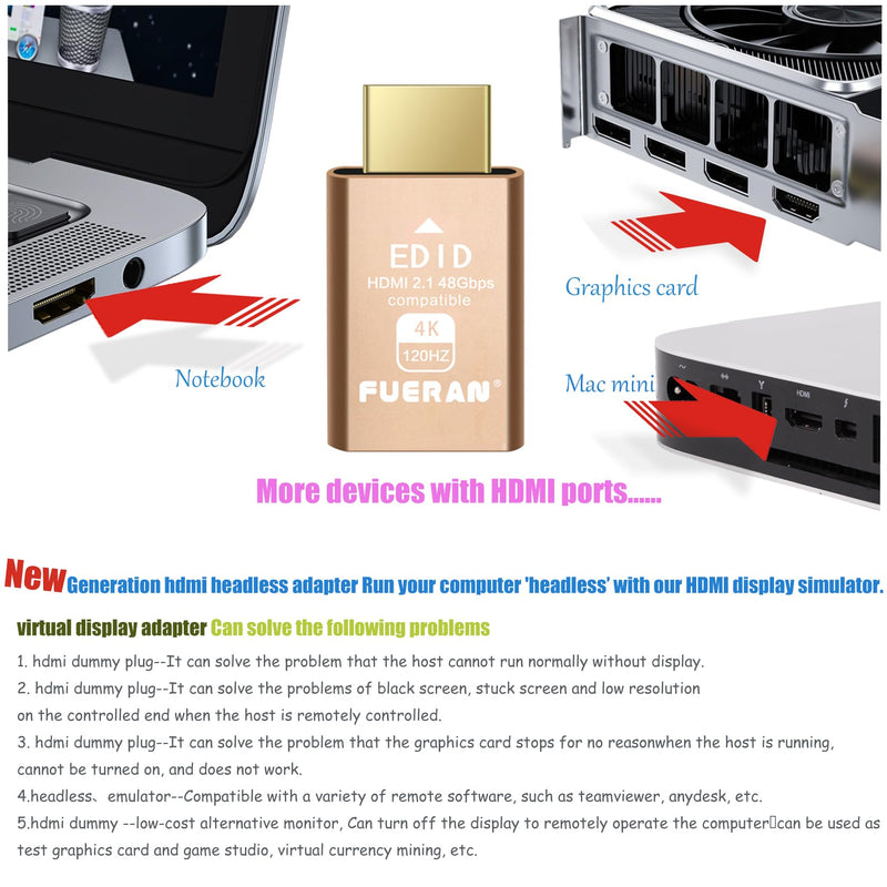 2.1 hdmi dummy plug,hdmi dummy 4K 120Hz Virtual Display Emulator,headless Ghost Display Adapter Support 3840x2160@120HZ,1440@120HZ,1080P@120HZ-dummy hdmi,edid emulator (HDMI2.1-4K-1P) HDMI2.1-4K-1P