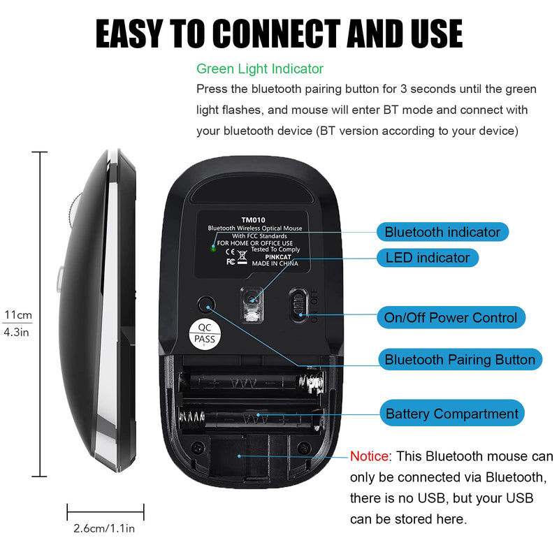 Bluetooth Mouse, PINKCAT Silent Mouse Wireless, Bluetooth 5.0/4.0 Portable Slim Wireless Mouse, Optical Cordless Mouse for Laptop, ipad, MacBook Pro / Air, Mac, PC, Tablet, Chromebook, Surface Pro black