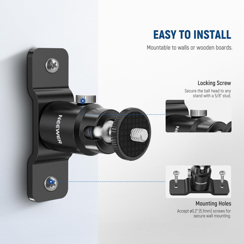 [AUSTRALIA] - NEEWER 2 Pack T Type Wall Ceiling Mount, Ring Light Wall Mount Bracket with Detachable Ball Head, 5/8" Stud, 1/4" Screw for Flash Strobe Camera Monitor Studio Lighting, Max Load: 4.4lb/2kg, TS008 