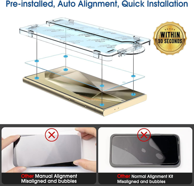 amFilm Auto-Alignment OneTouch for Samsung Galaxy S24 Ultra 6.8'' Screen Protector + Camera Lens Protector, Tempered Glass, 30 seconds Installation, Bubble Free, Case Friendly, Anti-Scratch [2+2 Pack] S24U-6.8"