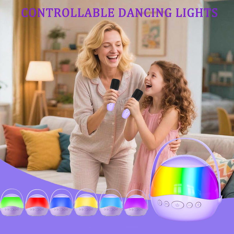 2025 New Mini Karaoke Machine Speaker for Kids Adults,Portable Bluetooth Speaker with 2 Wireless Mics,Colorful LED Lights, Home Travel & Party Play Gifts for Boys Girls (Purple) Purple