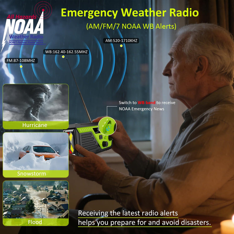 Weather Radio 22000mWh AM FM NOAA Emergency Radio with 4 Charging Cables, Flashlight, Reading Light, SOS Alarm, Phone Charging Hand Crank Radio for Home Outdoor Emergencies. Green