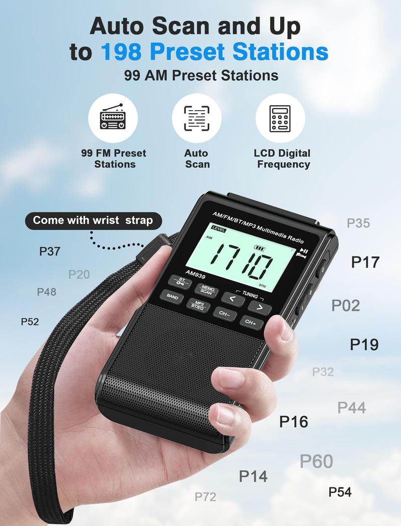 [AUSTRALIA] - Pocket Radio with AM FM-1200mAh Rechargeable Radio-Portable Transistor Radio with Best Reception, Bluetooth Receiver,5W Big Speaker,LCD Screen,Earphone Jack,Support SD Card and USB Player for Jogging Black 