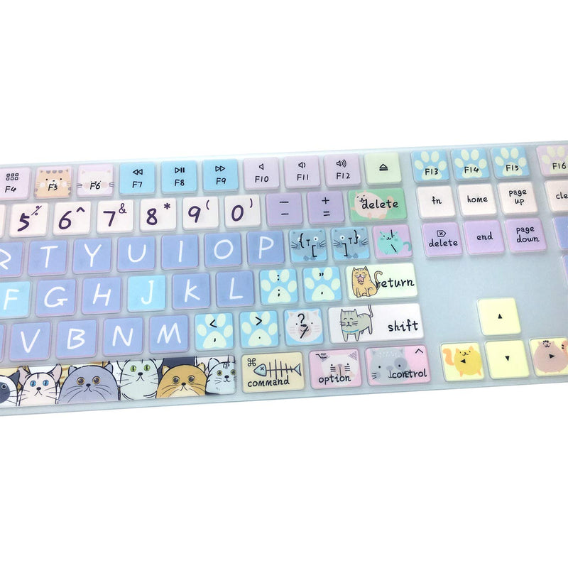 WSLUCKO Silicone Keyboard Cover Skin for 2017/2018 Apple iMac Wireless Magic Keyboard with Numeric Keypad (Model:MQ052LL/A A1843), US Layout, Cute Cat