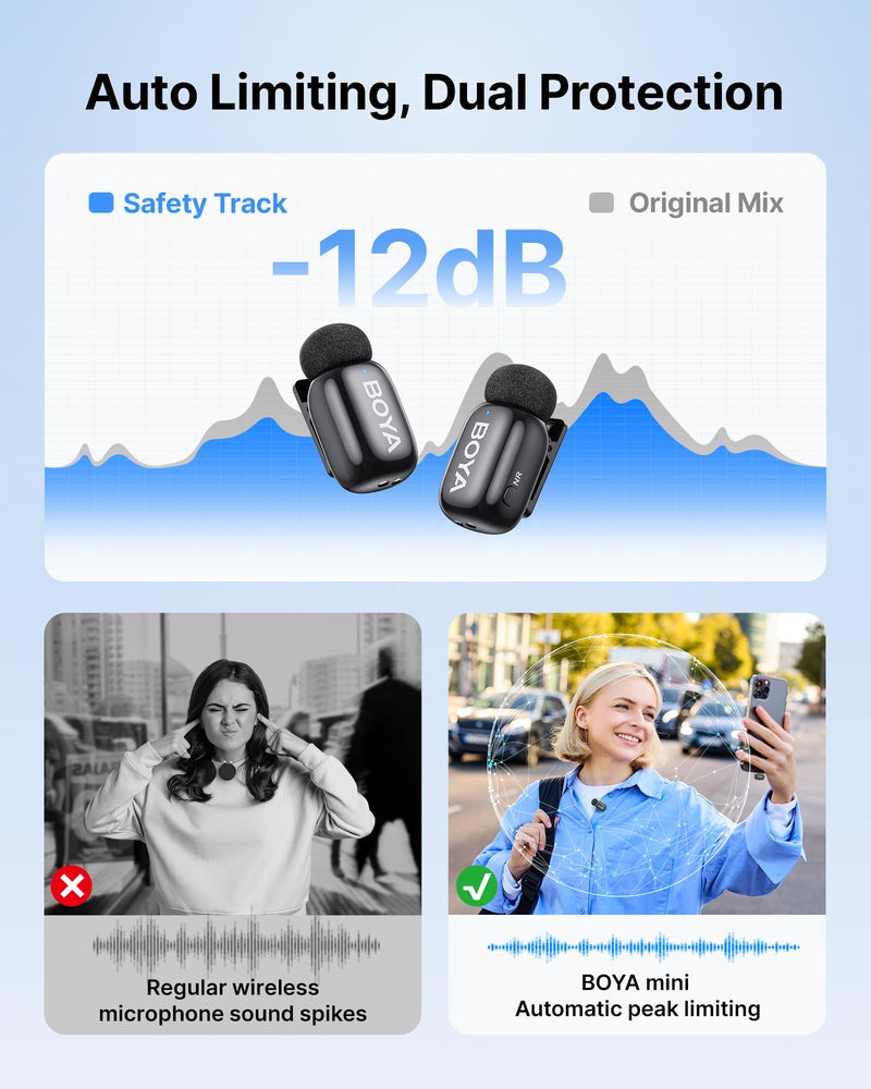 [AUSTRALIA] - BOYA mini 2 Wireless Lavalier Microphones for iPhone 15/16/17 & Android, AI Noise Cancellation, App Control, 30H Battery Life with Charging Case, Lapel Microphone Wireless for Video Recording Vlogging Black 2TX+USB-C RX+1CC 