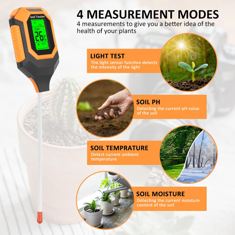 [AUSTRALIA] - 4-in-1 Soil Moisture Meter Digital PH Meter/Soil Moisture/Plant Temperature/Sunlight Intensity, Backlight LCD Display, Soil Test Meter for Garden, Lawn, Plant Care, Farm and Indoor Outdoor Plants 