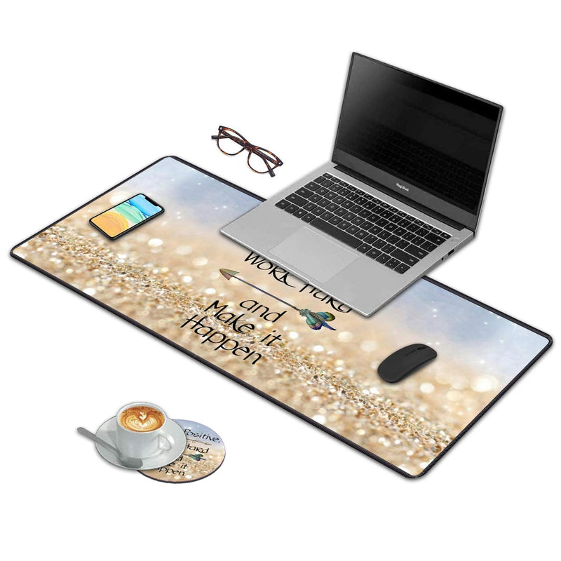 Desk Pad Mat Gaming Mouse Pads with Coasters, 31.5" ×11.8" Large Non-Slip Rubber Base Mousepad with Stitched Edges for Office & Home (Stay Positive Work Hard and Make It Happen Inspirational Quote)