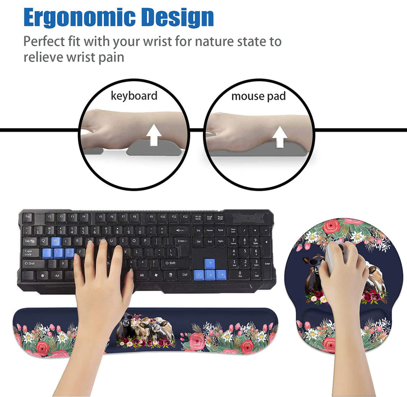 Keyboard Wrist Rest and Mouse Pad Wrist Support Set, Non-Slip PU Base Ergonomic Gaming Mousepad for Home Office Working Studying Easy Typing & Pain Relief - Floral Quote Funny Cows Combination