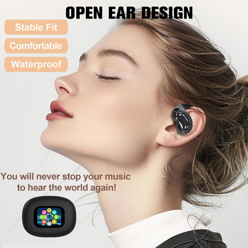 TWS Wireless Bluetooth Smart Touch Screen Ultra Open Ear Earbuds with Ear Hooks Over Ear Buds Sport Earphones with Screen On Case Air Conduction Touchscreen Bluetooth Headphones for Gym Work Running White