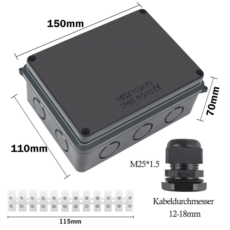 Elezenioc Junction Box Waterproof IP65 Surface-Mounted Junction Box, M25 Distribution Box, Large ABS Electrical Box, Outdoor Cable Connection, External Electrical Junction Box, Black (150 x 110 x 70