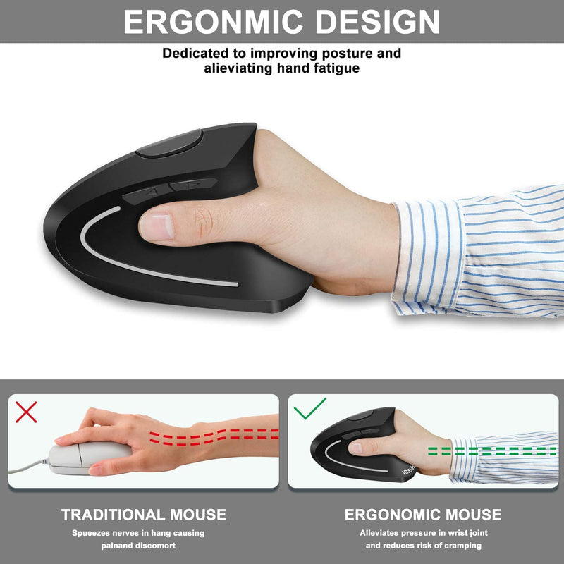 Vassink Ergonomic Mouse, Rechargeable Wireless Mouse, 2.4GHz Rechargeable Wireless Vertical Optical Mice with USB Receiver, 6 Buttons, 800/1200/1600 DPI, for Laptop, PC, Computer Black