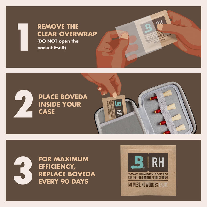 [AUSTRALIA] - Boveda 72% Two-Way Humidity Control Packs for Woodwind Reeds – Size 8 – 2 Pack – Moisture Absorbers – Protects Against Drying & Spliting – Individually Wrapped Reed Humidifiers for Day-to-Day Storage 