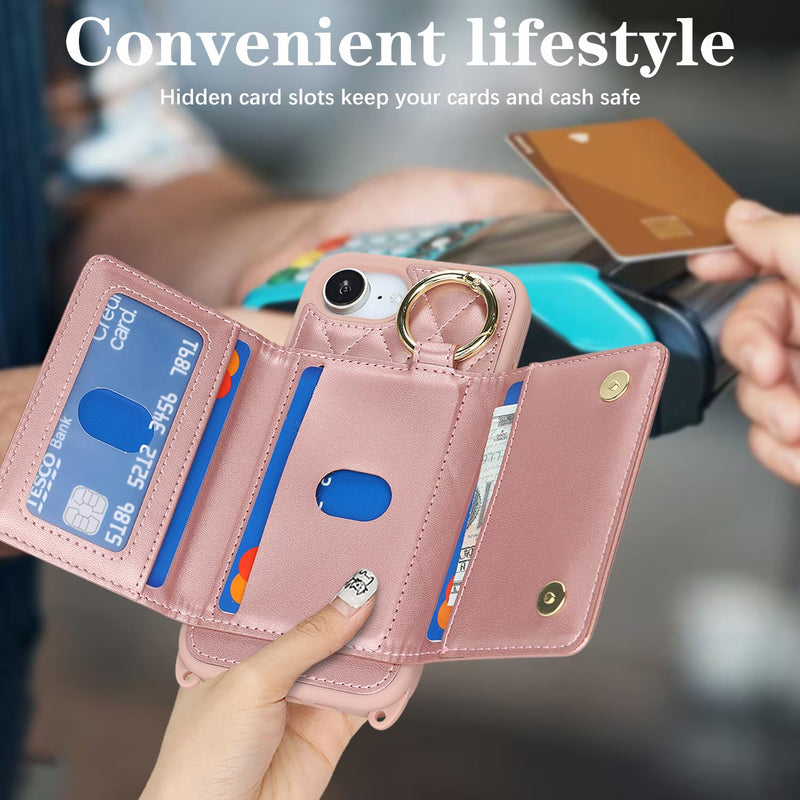 for iPhone 17e / 16e Case with Card Holder and Strap for Women,Crossbody Lanyard, Make Up Mirror,Ring Stand,Snap Clasp,Cute Phone Wallet Cases 6.1 inch - Dark Rose Gold (Pack of 2) for iPhone 17e / 16e 6.1 (Pack of 2)