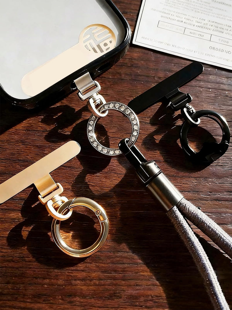 2PCS Rhinestone Round Phone Tether Patch, Universal Lanyard Connector with Metal Spring Ring, Multifunctional Phone Buckle Pink+black