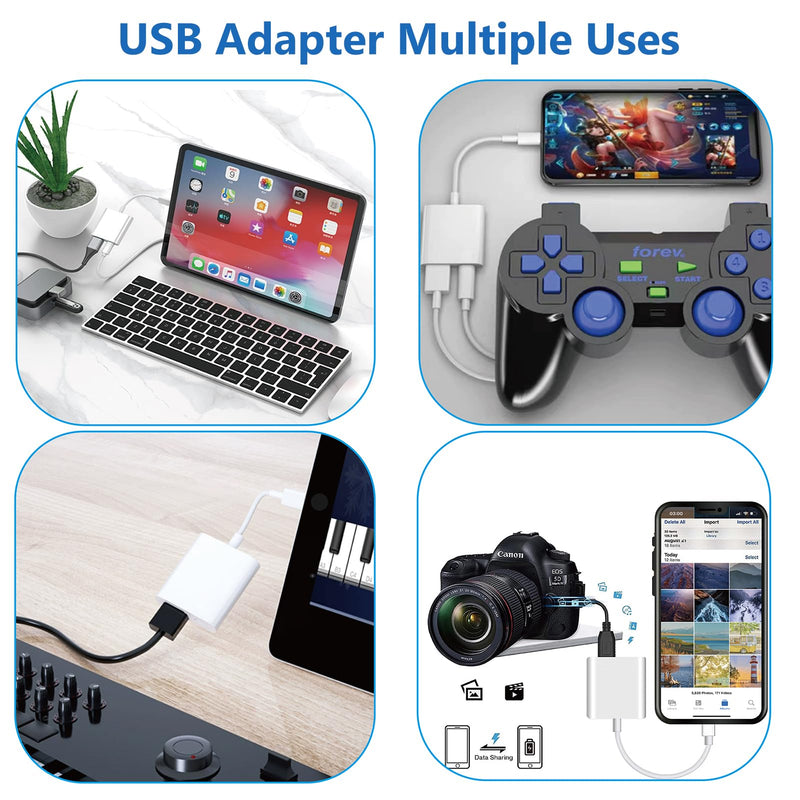 Lightning to USB Camera Adapter for iPhone with Charging Port USB 3.0 Female OTG Cable for iPad to Connect Card Reader USB Flash Drive U Disk Keyboard Mouse Hubs Midi