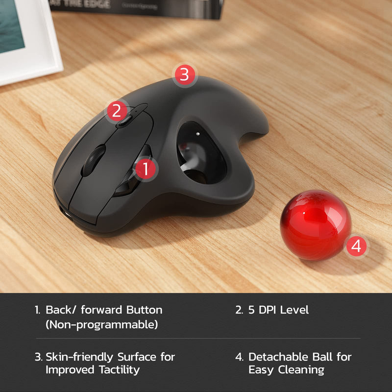 Nulea M501 Wireless Trackball Mouse Ergonomic Thumb Control,4 DPI Levels | Rechargeable mouse with bluetooth USB receiver,3 device use,smooth tracking,compatible with PC Mac Windows A-Red
