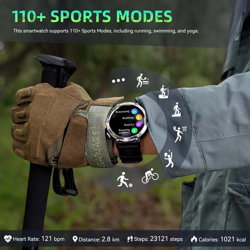 Military Smart Watches for Men Built-in GPS 3ATM Waterproof LED Flashlight | 1.45" Rugged Tactical Smartwatch with Compass/110+ Sports Modes Fitness Tracker with HR/SPO2/Sleep Monitor for iPhone Android Black orange