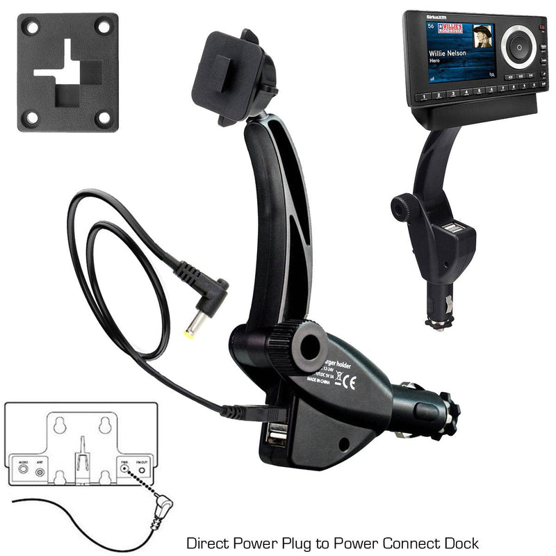 ChargerCity Dual USB Sirius XM Satellite Radio Car Truck Lighter Socket Mount w/Tilt Adjust & PowerConnect Cable for Onyx Plus EZR EZ Lynx Roady Starmate Xpress (Vehicle Dock NOT Included)