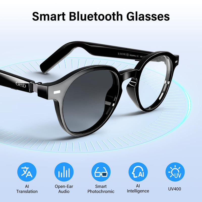 GetD AI Smart Glasses, Photochromic Lenses, Bluetooth Translation Glasses | AI Sunglasses for Women Men, Real Time Translation, Bluetooth Open Earbuds, 11H Playtime, UV Protection, IPX4 Waterproof Standard,Transparent Black/Photochromic Lenses