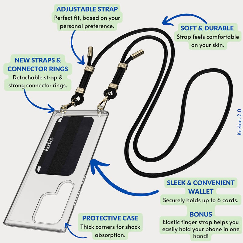 Keebos 2.0 - Crossbody Phone Case with Card Wallet and Newly Improved Detachable Strap Design (Clear Case, Black Strap) - Size Galaxy S25 Ultra