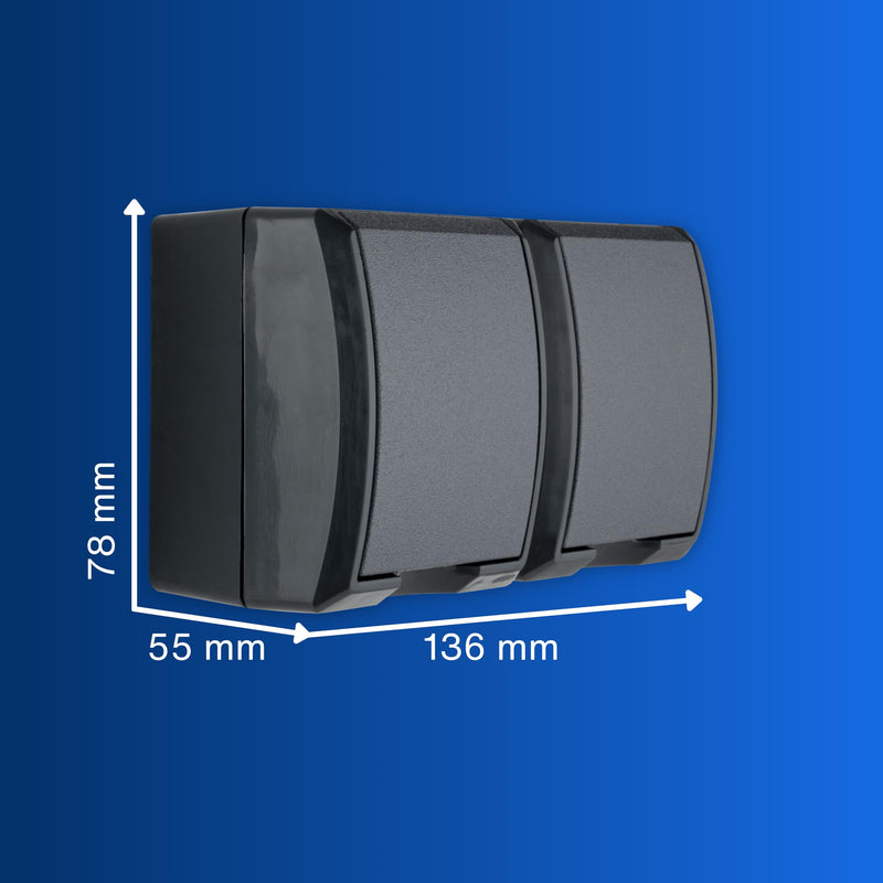 REV AquaForm Double Socket Wet Room Socket IP44 Surface-Mounted Anthracite 1 x horizontal double socket