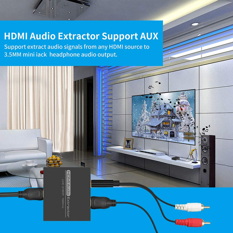 DONGJIAN HDMI Audio Extractor,4K HDMI to HDMI with Audio 3.5mm AUX Stereo and L/R RCA Audio Out,HDMI Audio Converter Adapter Splitter Support 4K 1080P 3D Compatable for PS3 Xbox Fire Stick.