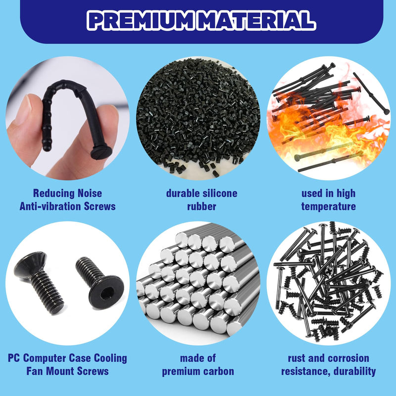 160Pcs PC Computer Case Cooling Fan Mount Screws Set, M5x10 Black and Silver Case Fan Mounting Screws and 65mm Soft Rubber Rivet, Laptops Computer Screw Kit