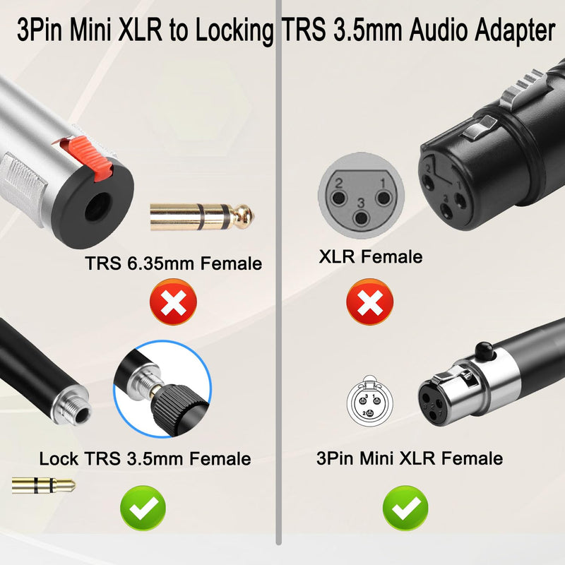 QIANRENON Mini XLR to TRS 3.5mm Wireless Microphone Connector 3Pin Mini XLR Female to Locking TRS 3.5mm Female Headphone Stereo Adapter Mini XLR to Locked 1/8 Balanced Audio Socket, for Lavalier Mic F-F