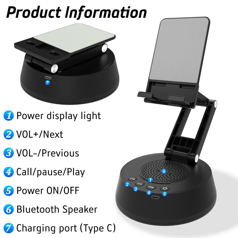 Cell Phone Stand with Wireless Bluetooth Speaker,Adjustable Height and Angle Phone Stand for Desk, HD Stereo Sound & Anti-Slip Base Phone Holder Speaker Compatible with iPhone,Gifts for Men Women Black