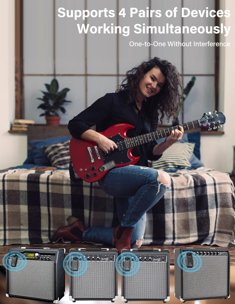 Housiwill 5.8GHz Wireless Guitar System, Rechargeable Wireless Guitar Transmitter Receiver Guitar Accessories Audio Wireless Transmitter Receiver for Electric Guitar Bass black