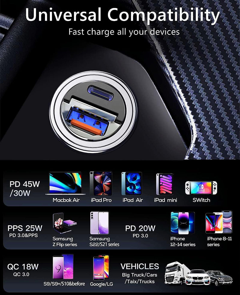 MRGLAS 90W USB C Car Charger Fast Charging,[Smallest Metal] Car Charger USB C PD45W+QC3.0 Dual Port Cigarette Lighter USB C Charger Car Charger Adapter for iPhone 15 Pro Max Plus 14 13 iPad Samsung Black