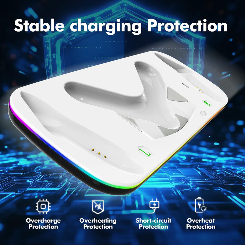 Charging Dock Compatible with Meta Quest 3/3S, Magnetic Fast Charging | Closable 9 RGB Modes, 2 Rechargeable Batteries, With USB-C Cable & Adapter, Compatible with VR Headset Controller Accessories White