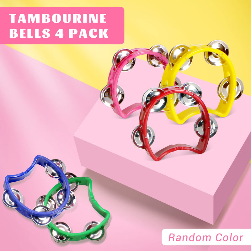 [AUSTRALIA] - Tambourine for Kids, Hand Tambourines Bulk Toddlers Musical Instrument, Metal Jingles Hand Held Percussion, Small Tambourine for Kids, Boys, Girls, 4 Pack 4-colors 