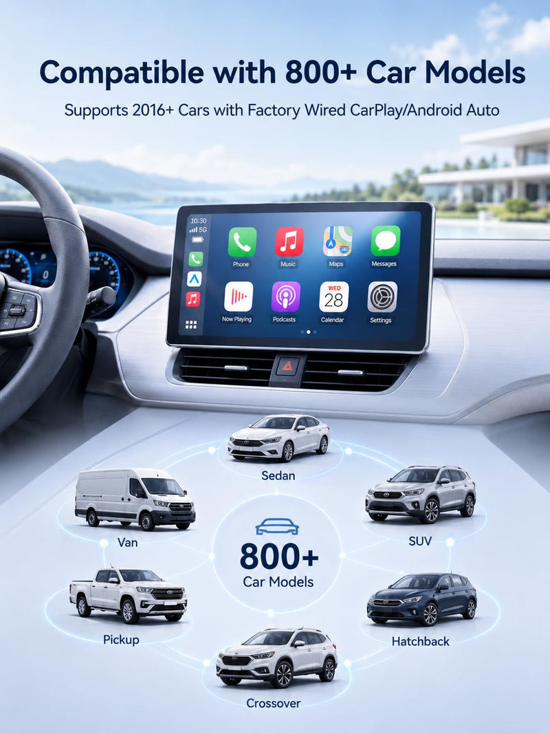 Wireless CarPlay Adapter USB C, Compact Android Auto Dongle | Direct USB-C plug-in converts factory wired CarPlay and Android Auto to wireless with 5GHz WiFi and auto reconnect.