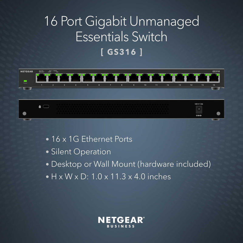 NETGEAR 16-Port Gigabit Ethernet Unmanaged Network Switch (GS316v3) | Essentials Model, Plug-and-Play, Fanless Silent Metal Housing, Desktop or Wall Mount, 802.1p QoS & 9K Jumbo Frame Support 16 Port