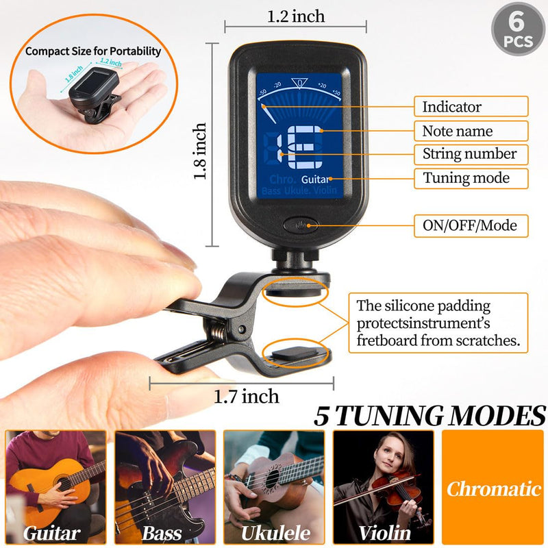 Guitar Tuner Clip On Ukulele Tuner 6 Pack for Guitar Bass Ukulele Violin Banjo Tuner