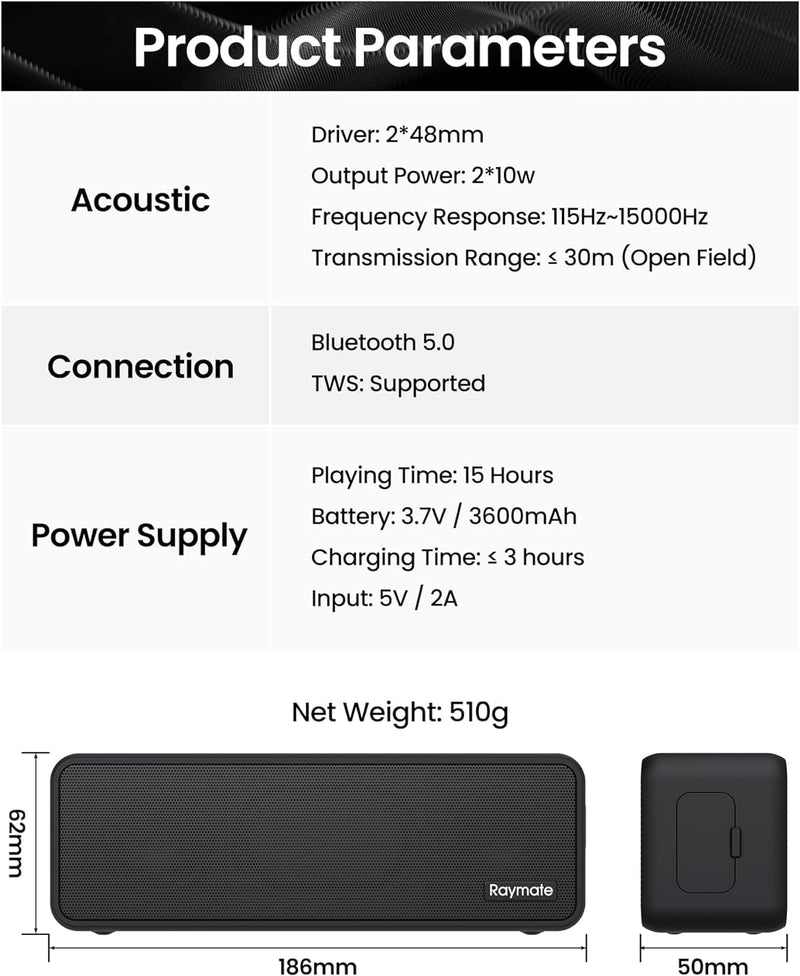 Raymate Bluetooth Speakers, 20W IPX7 Waterproof Speaker Wireless Bluetooth-V5.0, HiFi Stereo Sound, 1000mins Playtime, Portable Speaker for Home, Outdoor, Party Black