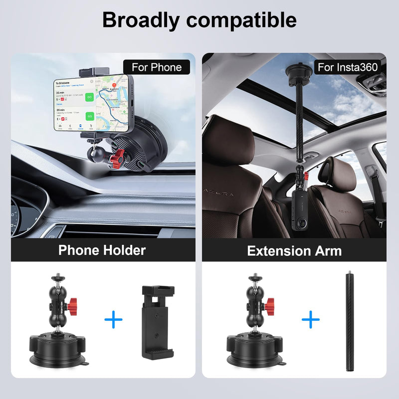Suction Cup Mount with 10" Carbon Fiber Rod- Adjustable Car & Home Camera Holder for Action Cams,Smartphones & 360°Cameras - Compatible with GoPro,DJI OSMO,Insta360 X4/X3,Akaso,and More