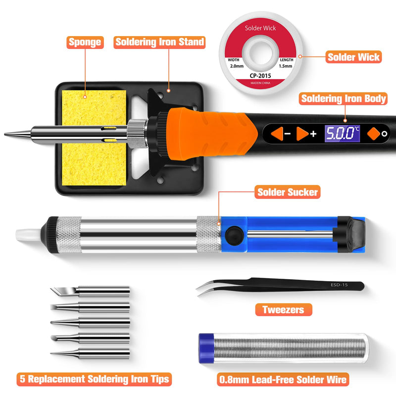 [AUSTRALIA] - Soldering Iron, 90W Soldering Kit, LCD 12-in-1 Soldering Tool, Adjustable Temperature 200-500°C, with 5 x Replaceable Soldering Iron Tips, Desoldering Wire, Lead-Free Soldering Wire, Desoldering Pump, Orange Colour. 