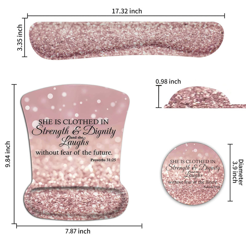 Ergonomic Mouse Pad Wrist Support Gel and Keyboard Wrist Rest Set Proverbs 31:25,Bible Verse Pink Glitter Design for Laptop, Mac, Gaming and Office, Durable, Comfortable and Pain Relief + Coaster Yu-mousepad-2-3