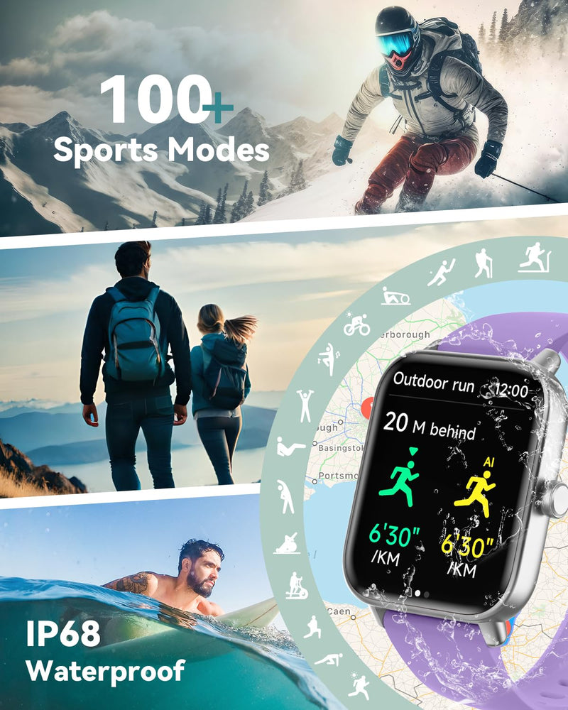 Quican Smart Watch for Women Men, Bluetooth Call Fitness Smartwatch for Women/Men,Compatible Android iOS, Ideas Gift on Christmas, New Year IDW19 Black and Purple