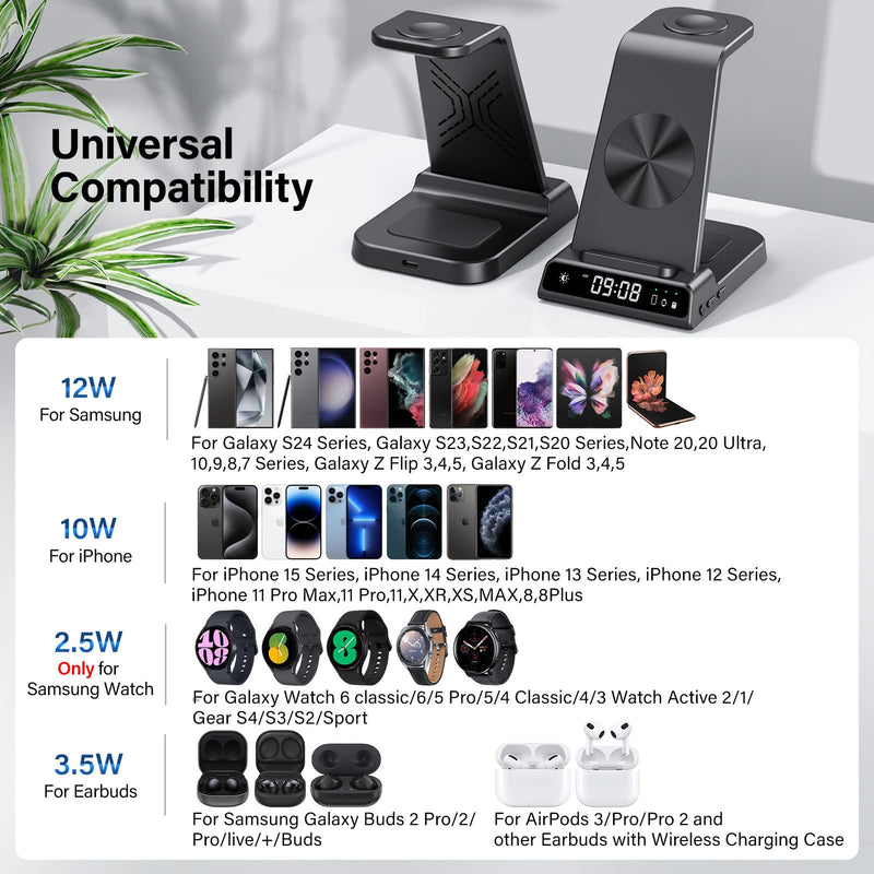 Wireless Charger for Samsung, 3 in 1 Wireless Charging Station for Samsung Galaxy S24 Ultra/S23 Ultra/S22/S21/Note 20/Z Flip 5/Fold 5, Charger for Samsung Galaxy Watch 6/5/4, Galaxy Buds 2/Pro/+ Black