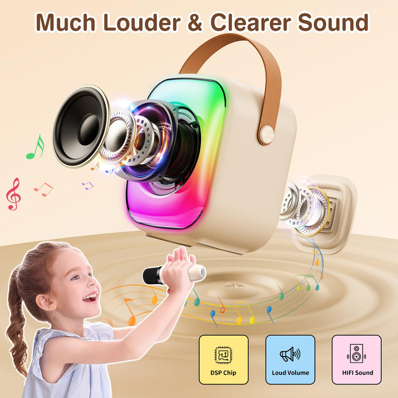 Mini Karaoke Machine with Two Wireless Microphones, Portable Bluetooth Speaker for Adults and Kids, Karaoke Microphone with LED, Speaker Supports for TF Card/USB, AUX in (Beige) Beige