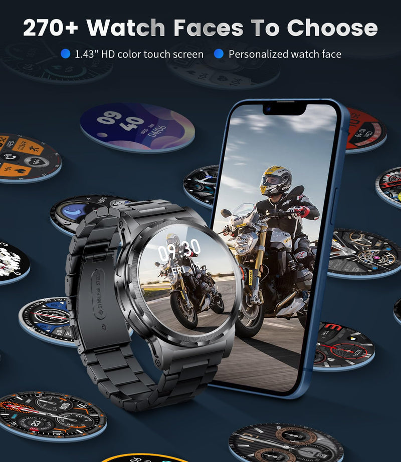 Military Smart Watch for Men(Answer/Dial Calls),1.46'' AMOLED Touchscreen/5ATM Waterproof/120+ Sports Modes Fitness Watch with Blood Pressure/Heart Rate/SpO2/Pedometer for Android/iOS Smartwatch Black