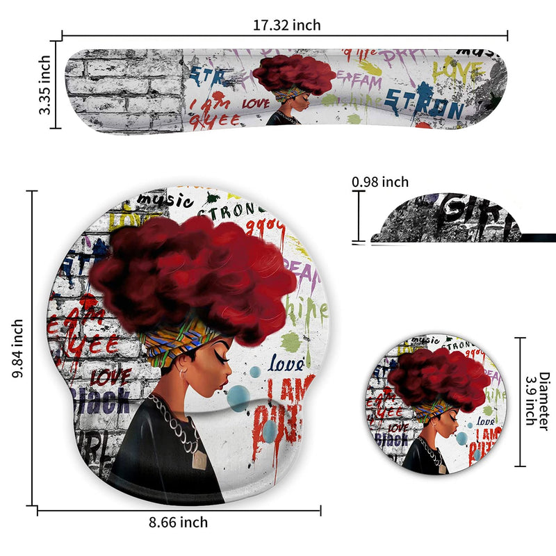 Ergonomic Mouse Pad Wrist Support Gel and Keyboard Wrist Rest Set for Laptop, Mac, Gaming and Office, Durable, Comfortable and Pain Relief + Coaster, African Black Woman Graffiti Girls