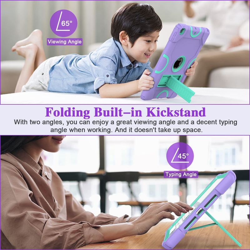 for iPad 9th Generation Case, iPad 8th 7th Generation Case, iPad 10.2 Inch 2021/2020/2019 Case, Heavy Duty Rugged Shockproof Protective Cover with Kickstand for Kids Purple/Green